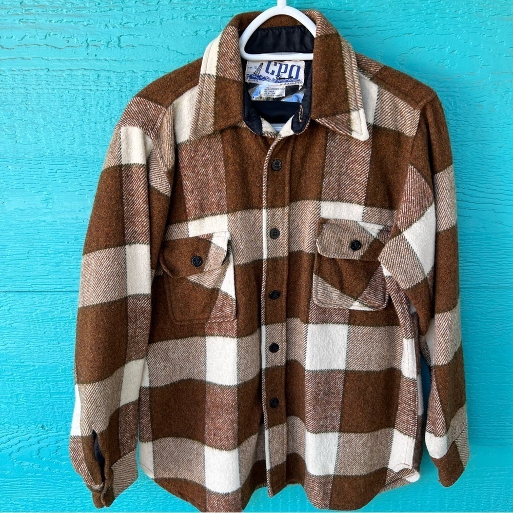 1970’s ORIGINAL CPO WOOL SHIRT BROWN CREAM PLAID MENS SMALL WOMENS MEDIUM